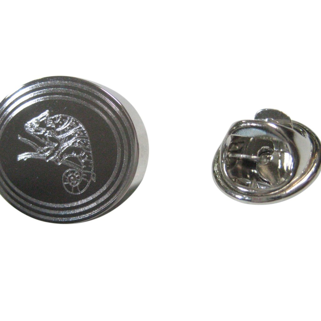 Silver Toned Etched Oval Chameleon Lapel Pin
